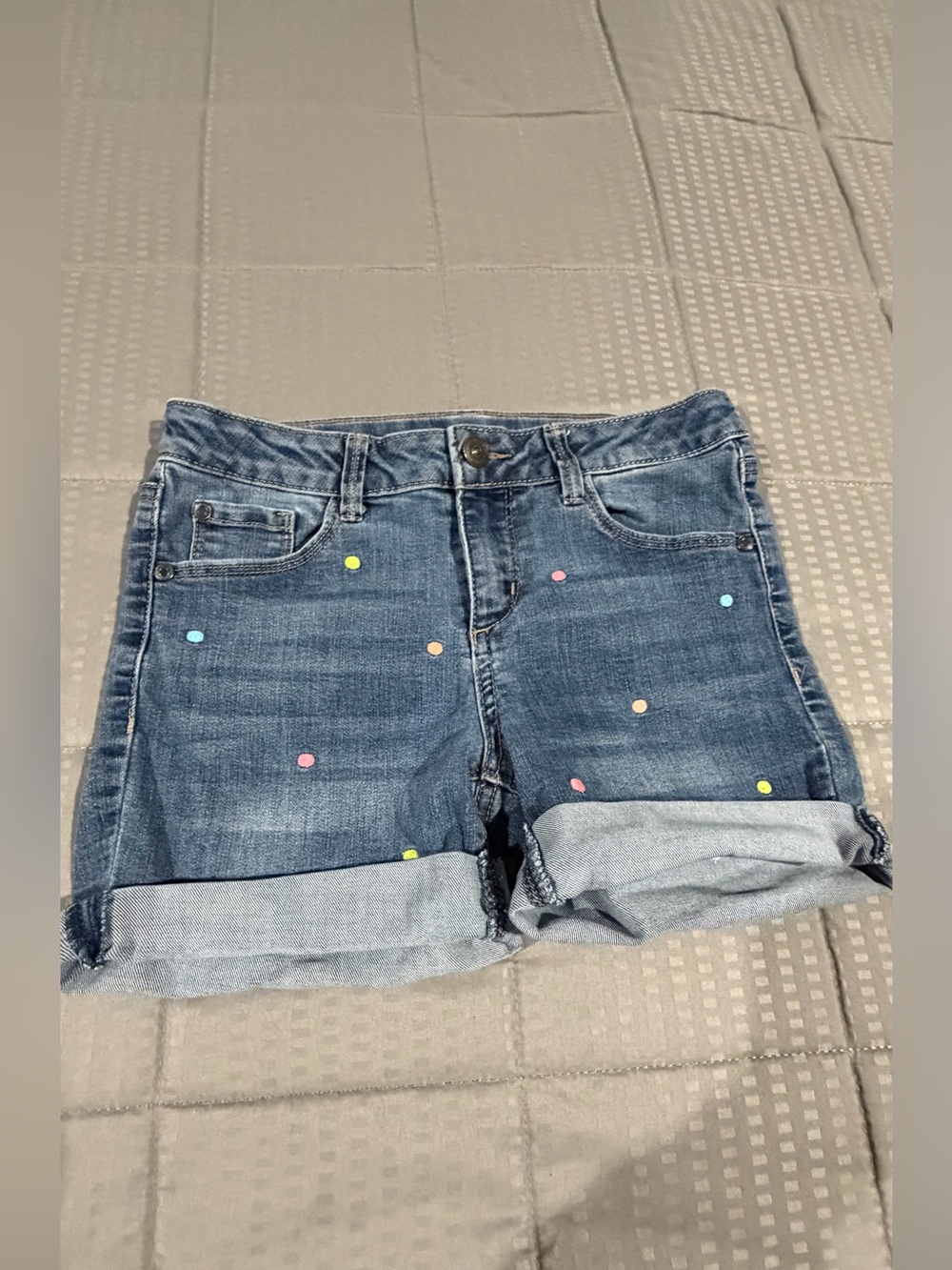 Girl’s Blue Denim Roll-Cuff Shorts with Multicolor Dot Embellishments